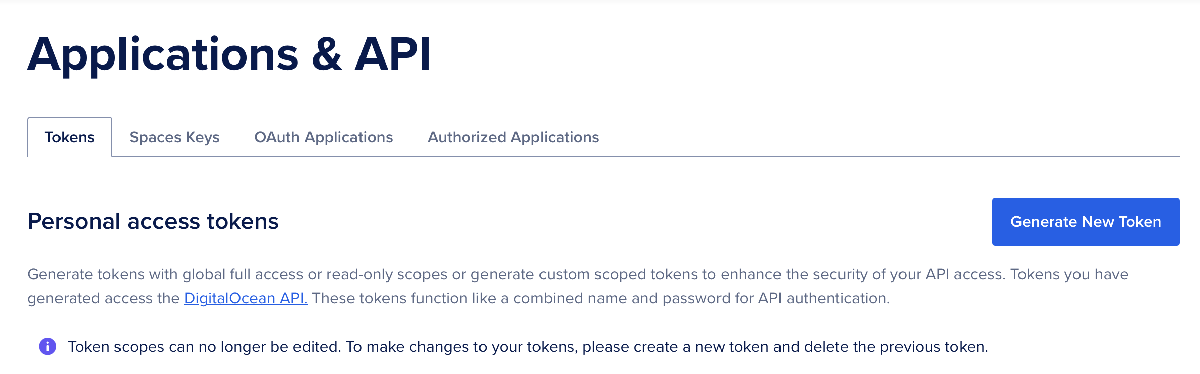 DigitalOcean API token page