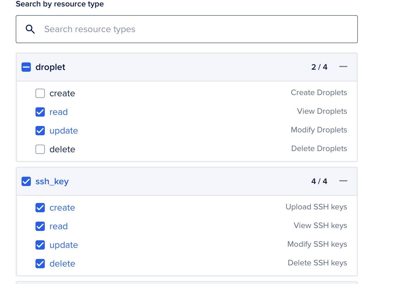 DigitalOcean droplets API Token scopes